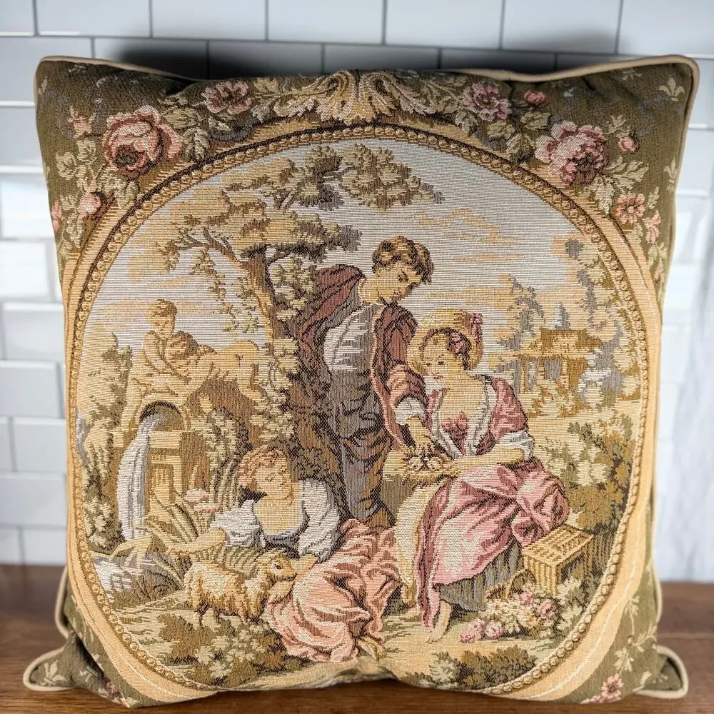 Vintage French Country Tapestry Courting Scene Throw Pillow 17x17